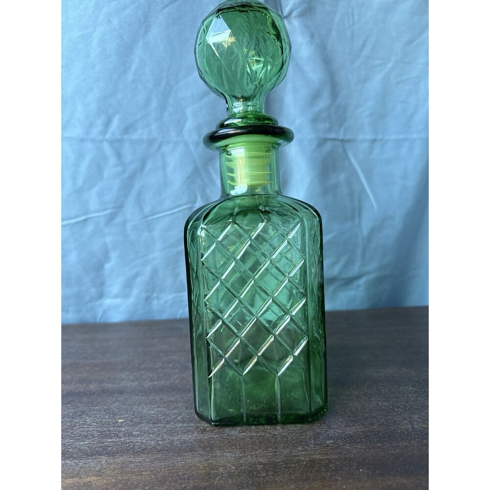 VTG Empoli Green Glass Decanter W/Stopper Diamond Pattern